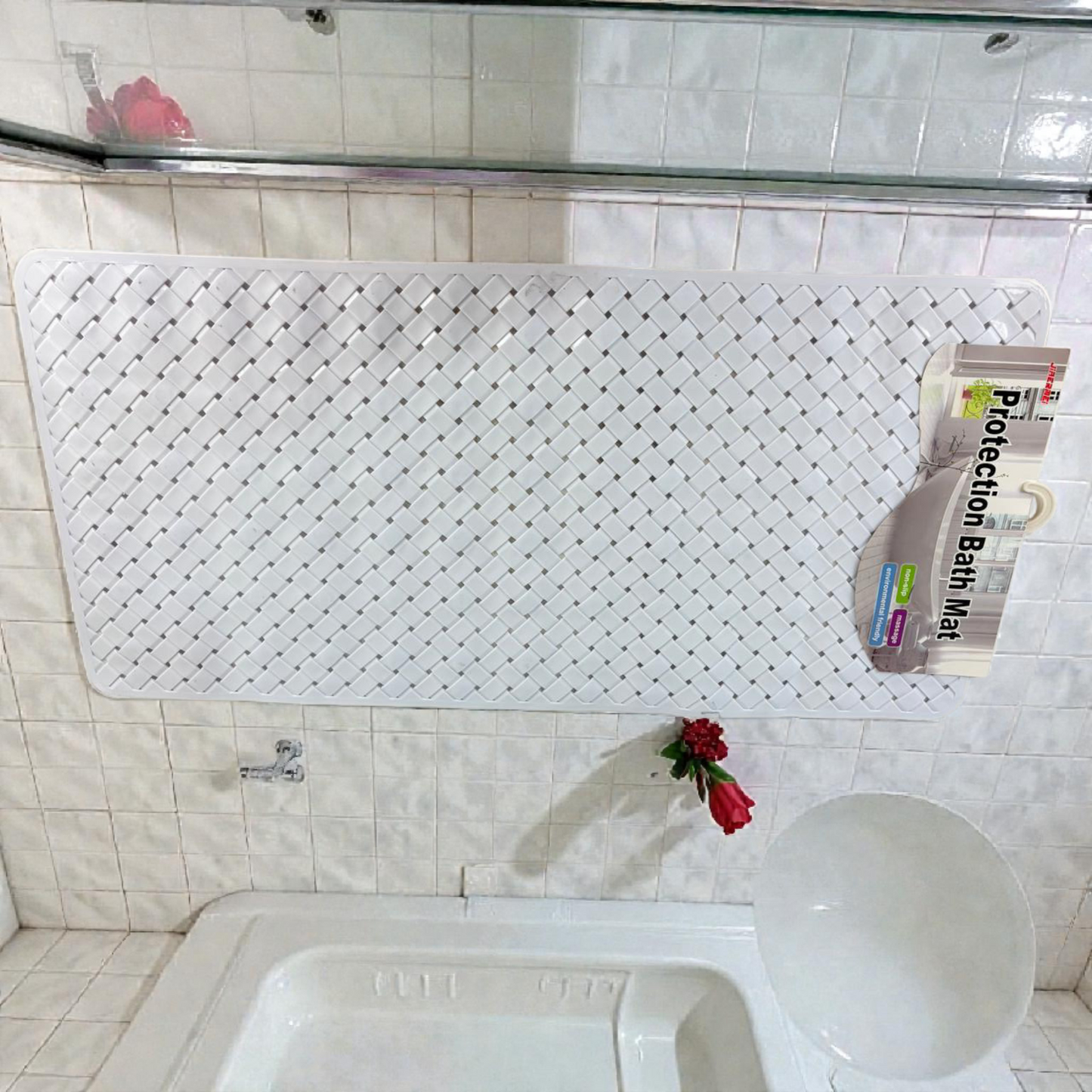 Non-Slip Protection Bath Mat – Soft PVC Bathroom Safety Mat with Drainage Design it's white