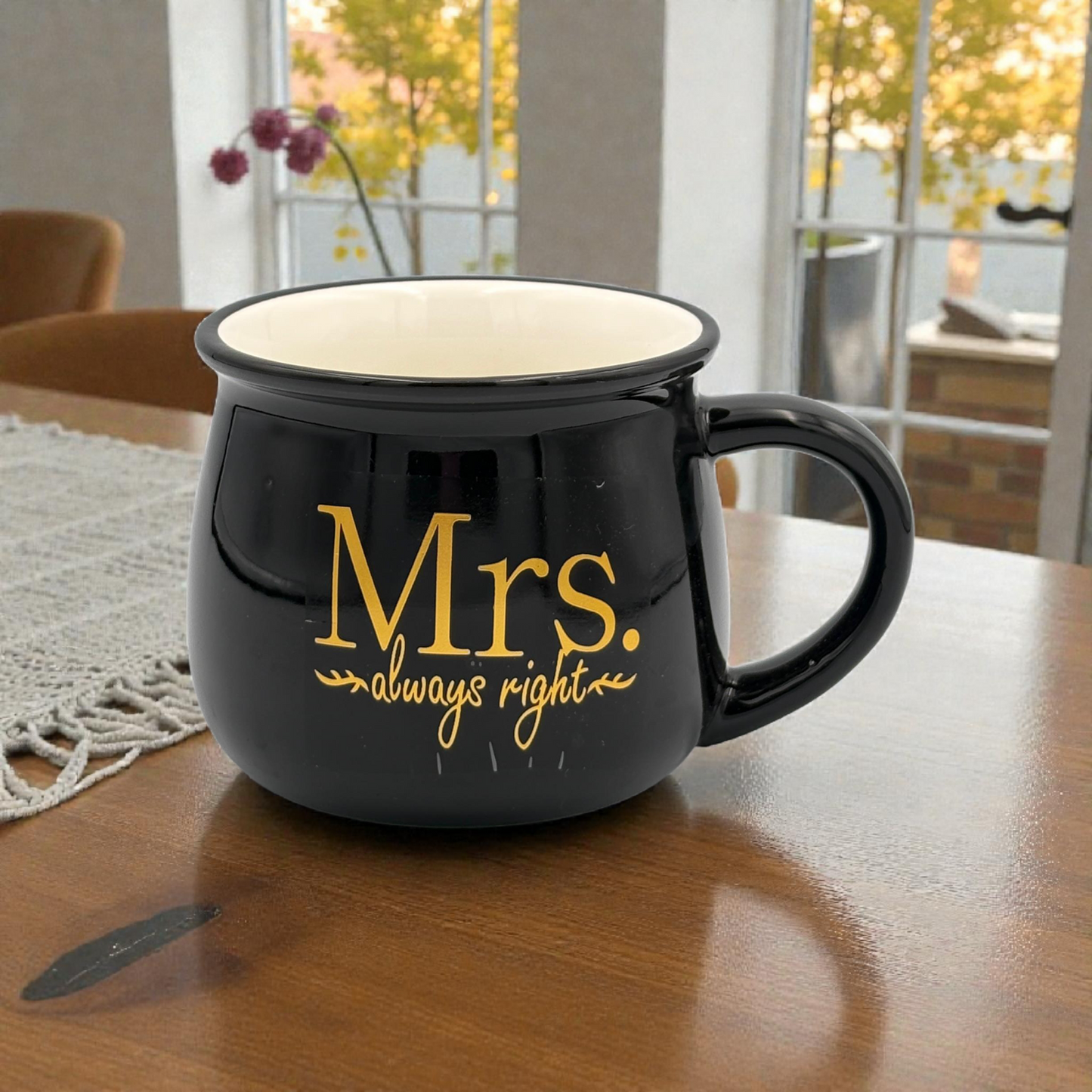 Mrs. Always Right Black Ceramic Mug – Stylish Coffee Cup with Gold Text