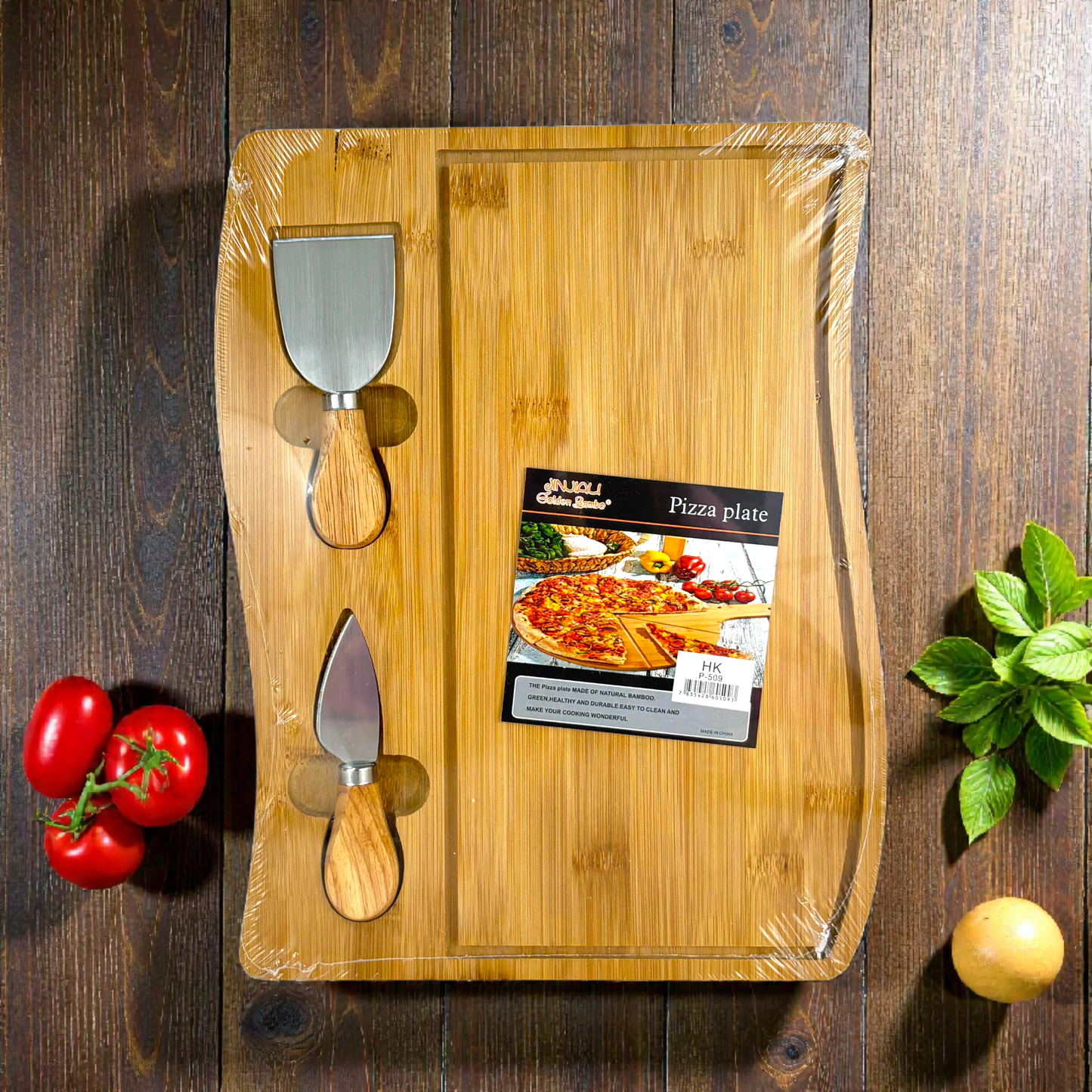 Bamboo Pizza Serving Board with Cheese Knife and cutter– Wooden Pizza Plate