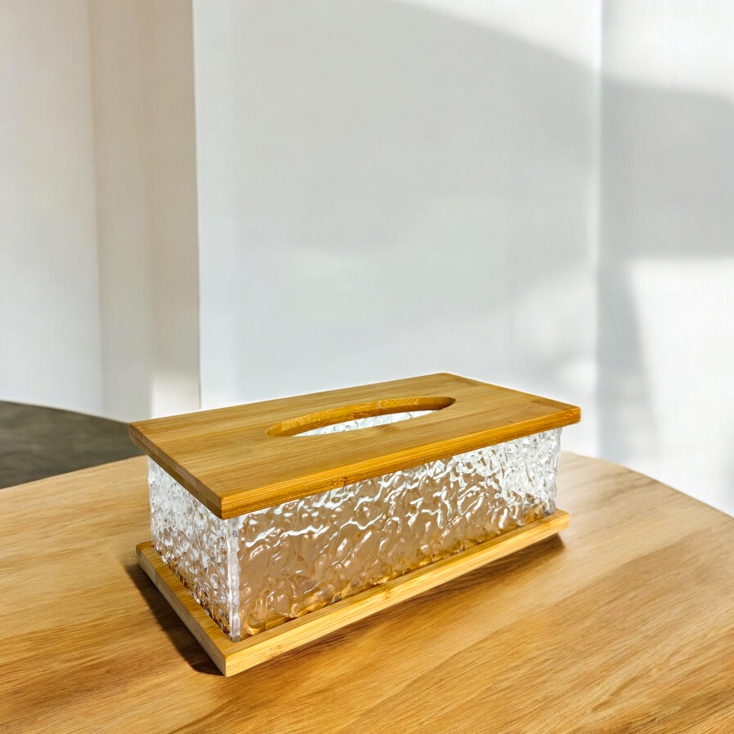 Luxury Glass Tissue Box with Bamboo Lid – Modern Decorative Tissue Holder