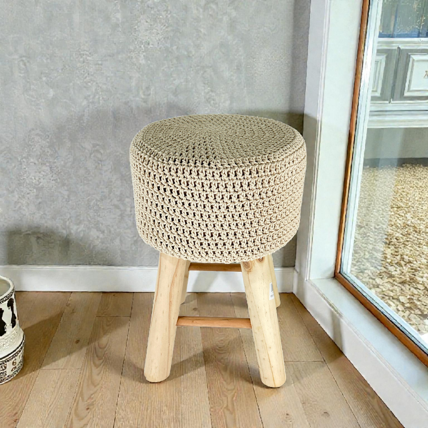 Boho Handmade Macramé Stool with Wooden Legs – Natural Woven Accent Seat