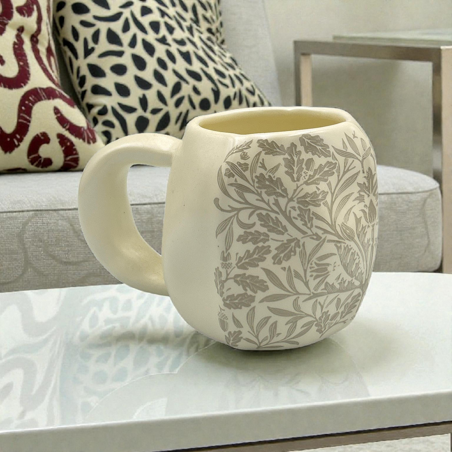 Ceramic Mug with Leaf Pattern – Cream Botanical Coffee Mug 350ml