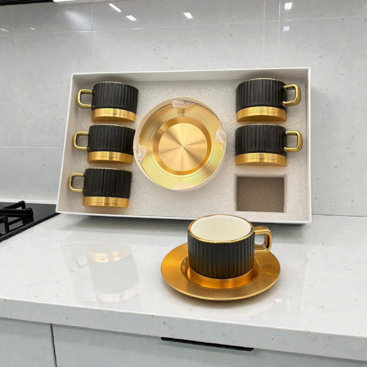 Black Ribbed Coffee Cup Set with Gold Base – Modern Luxury Cups
