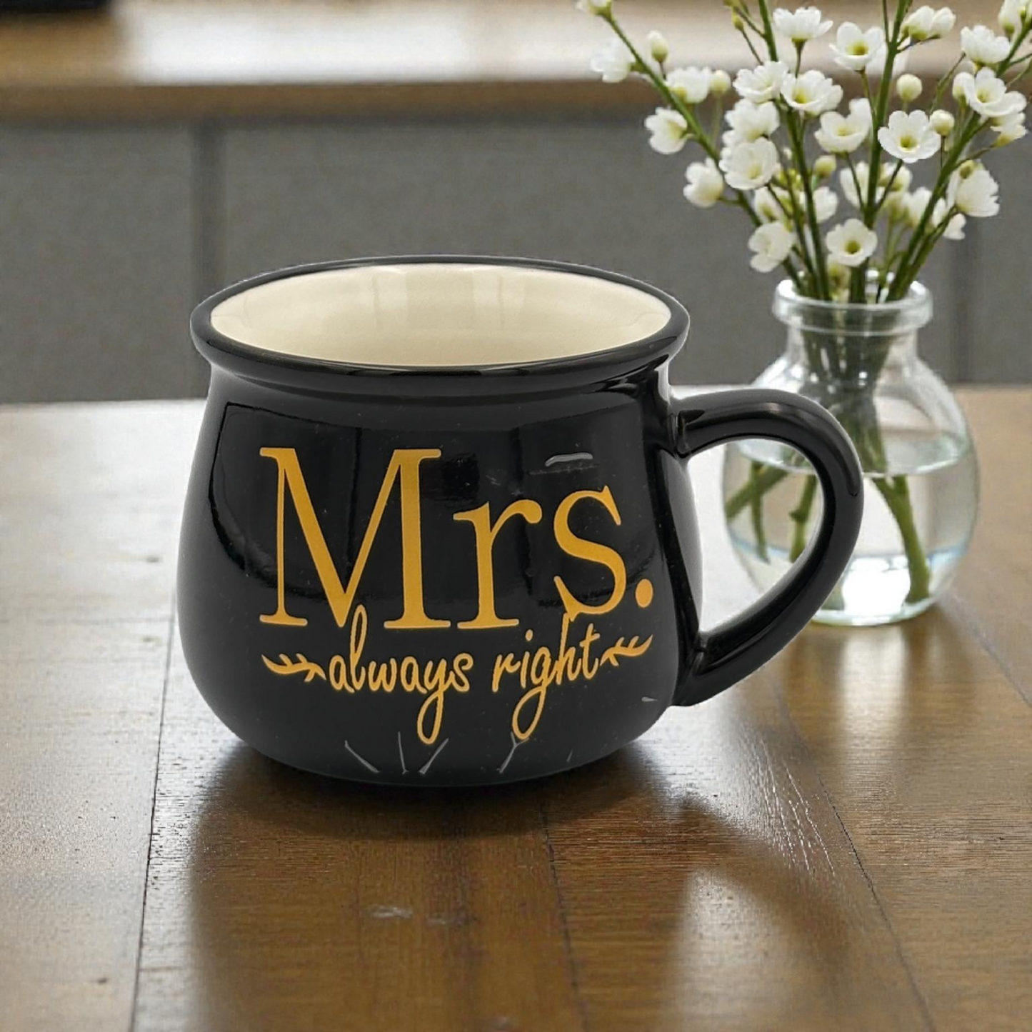 Mrs. Always Right Black Ceramic Mug – Stylish Coffee Cup with Gold Text