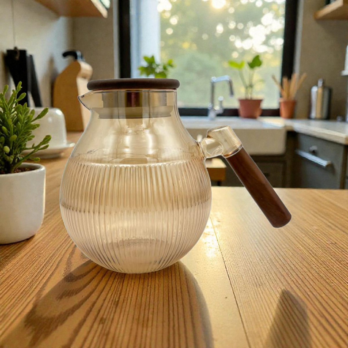 Ribbed Glass Pitcher with Wooden Handle – Hot & Cold Drink Server capacity: 1700ml