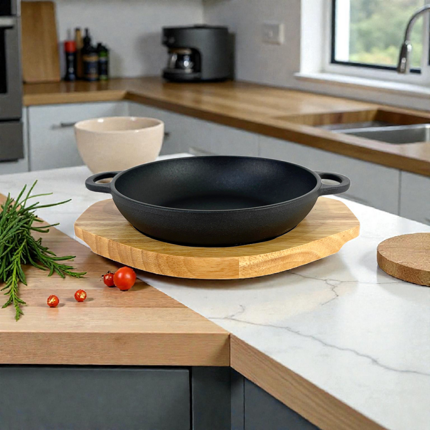 Cast Iron Skillet Pan with Wooden Serving Board – Pre-Seasoned Heavy Duty Frying Pan