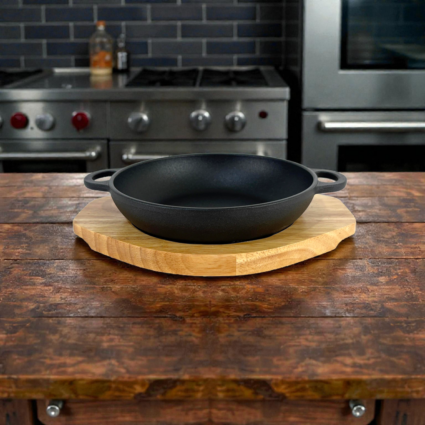 Cast Iron Skillet Pan with Wooden Serving Board – Pre-Seasoned Heavy Duty Frying Pan