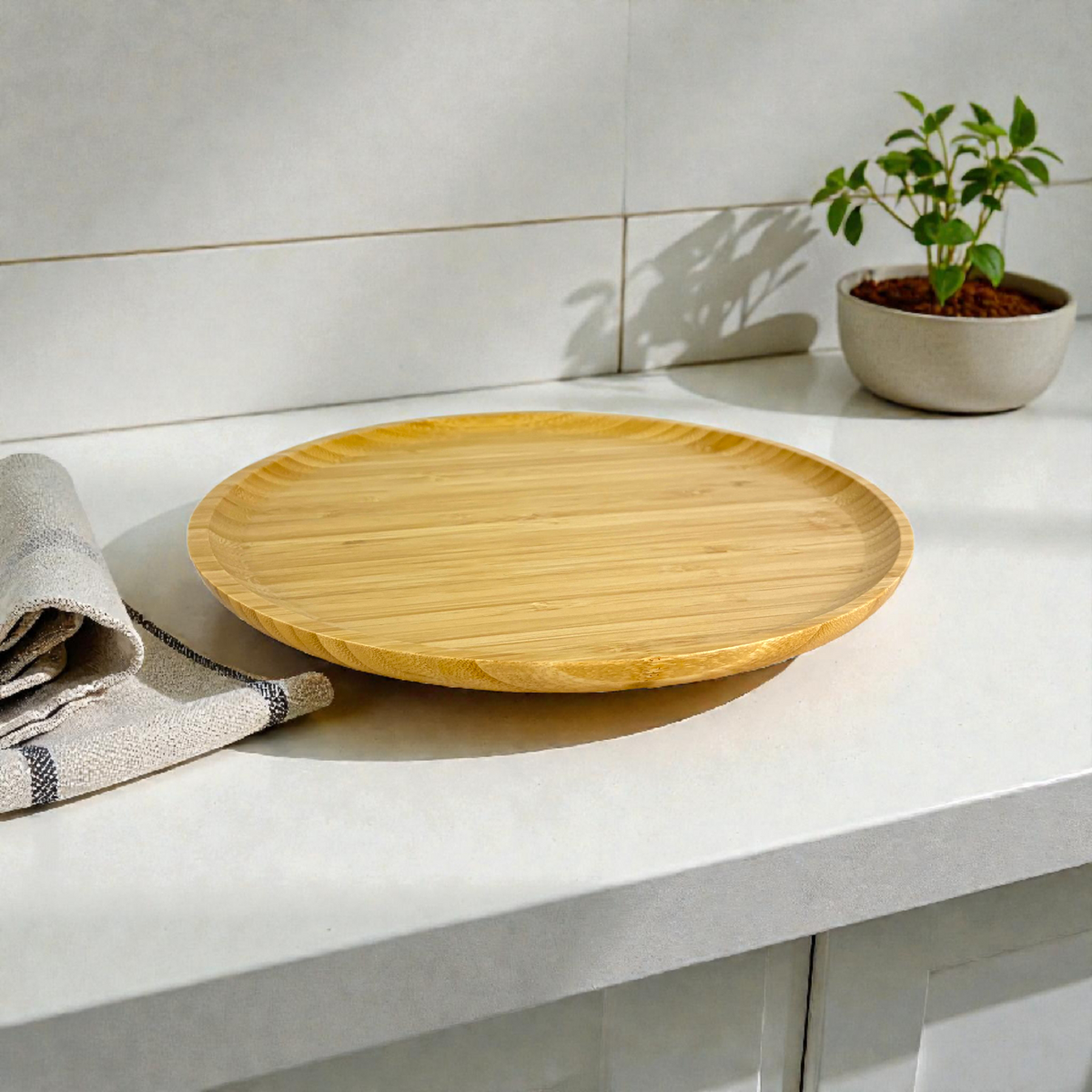 Natural Bamboo Serving Tray – Eco-Friendly Round Wooden Plate 30cm