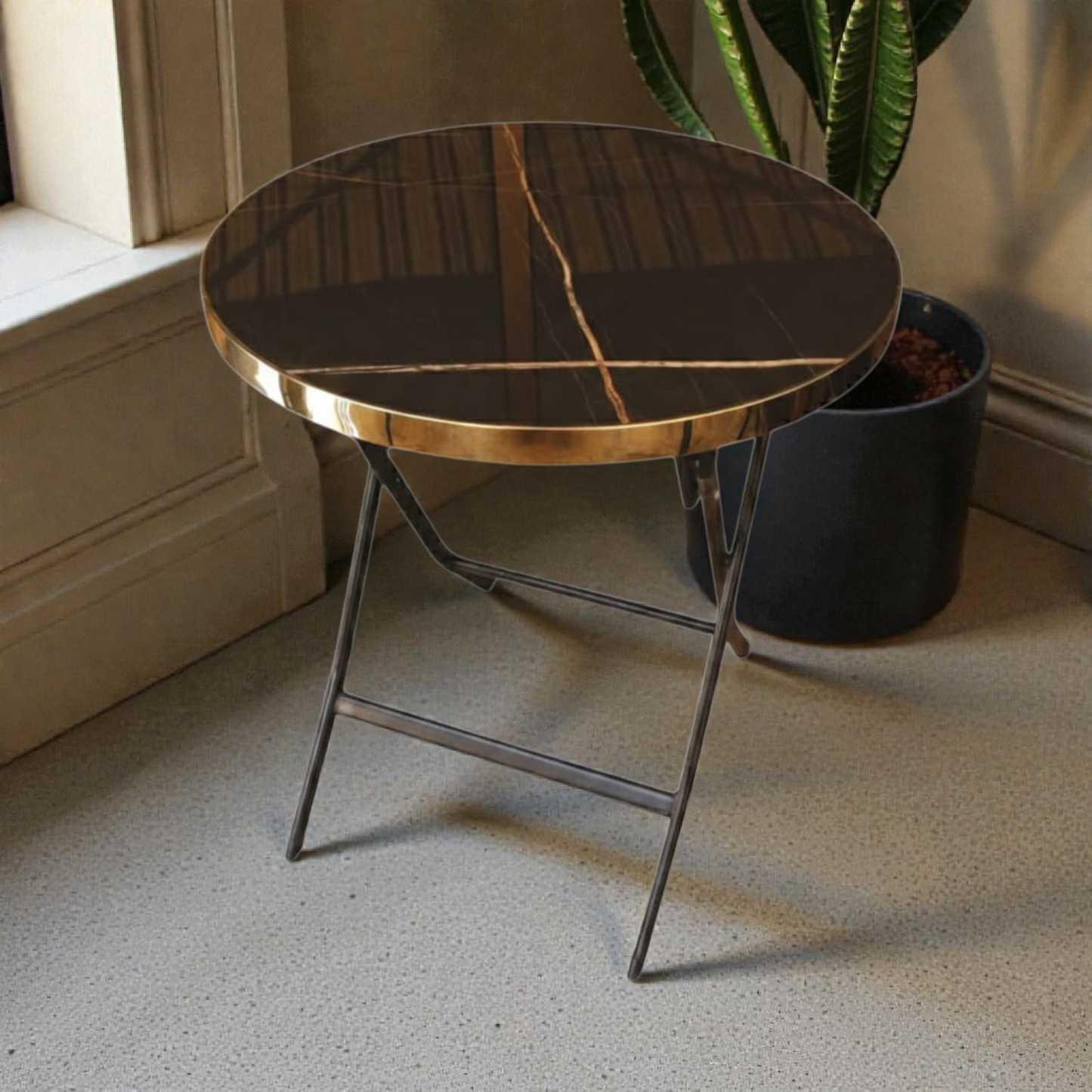 Round Folding Side Table 60 cm – brown Marble Top with Gold Trim