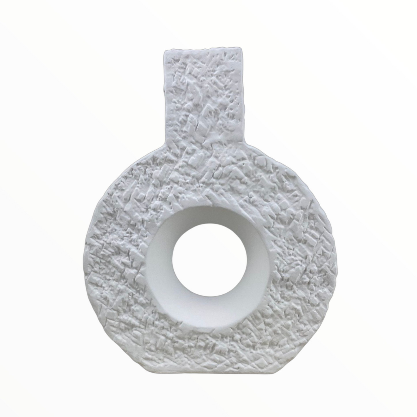Modern White Textured Vase with Circular Cutout – Minimalist Ceramic Home Decor