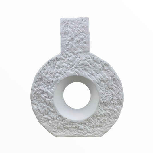 Modern White Textured Vase with Circular Cutout – Minimalist Ceramic Home Decor
