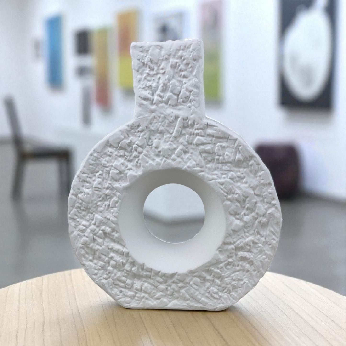 White Textured Ceramic Circle Vase – Modern Minimalist Home Décor