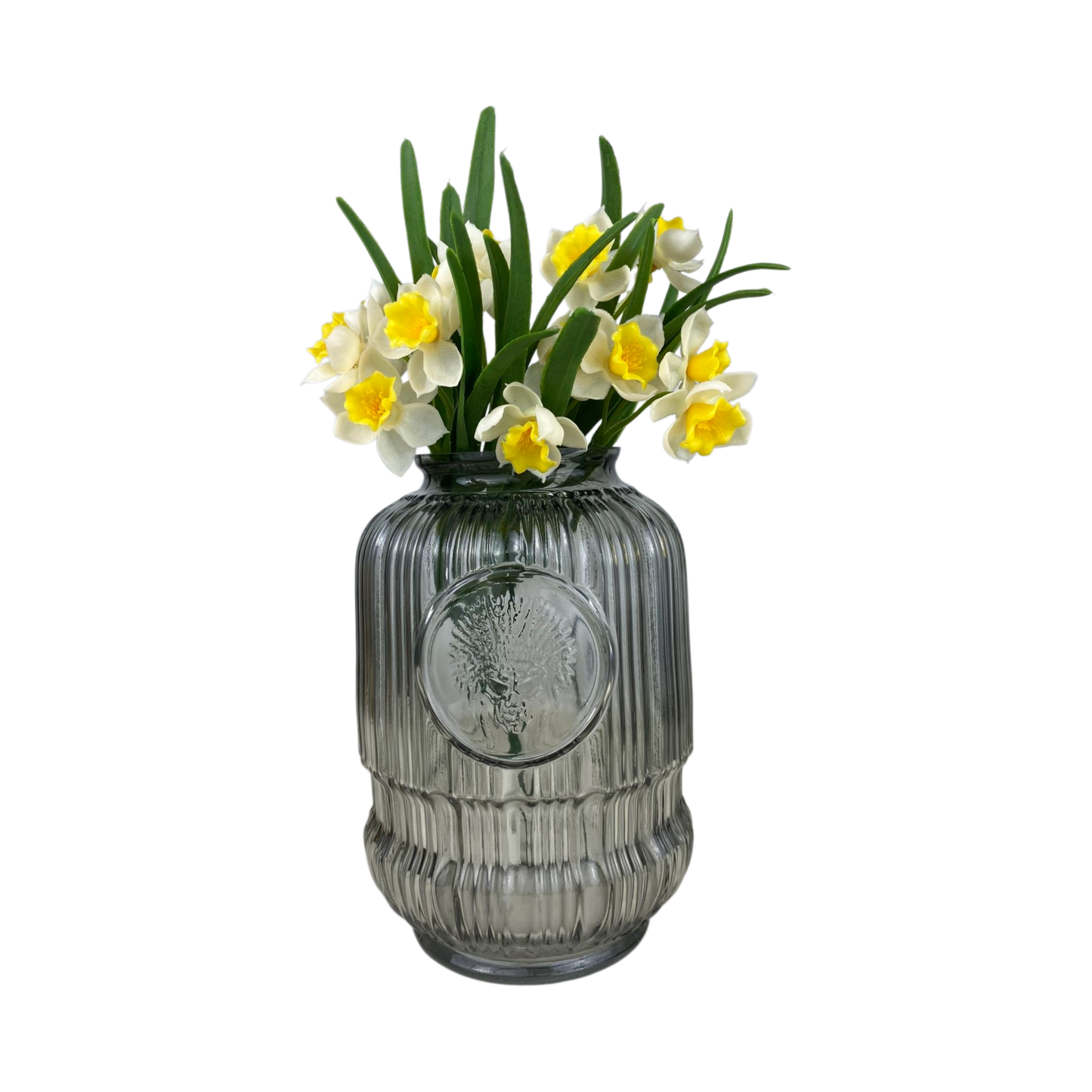 Smoky Glass Vase with Carved Motif – Decorative Flower Holder