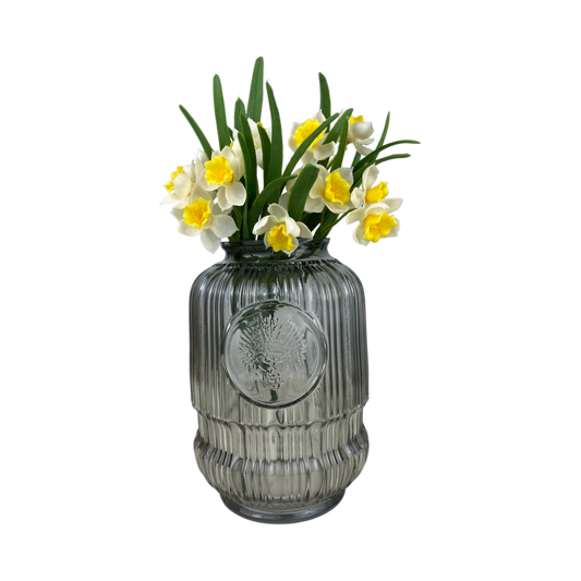 Smoky Glass Vase with Carved Motif – Decorative Flower Holder