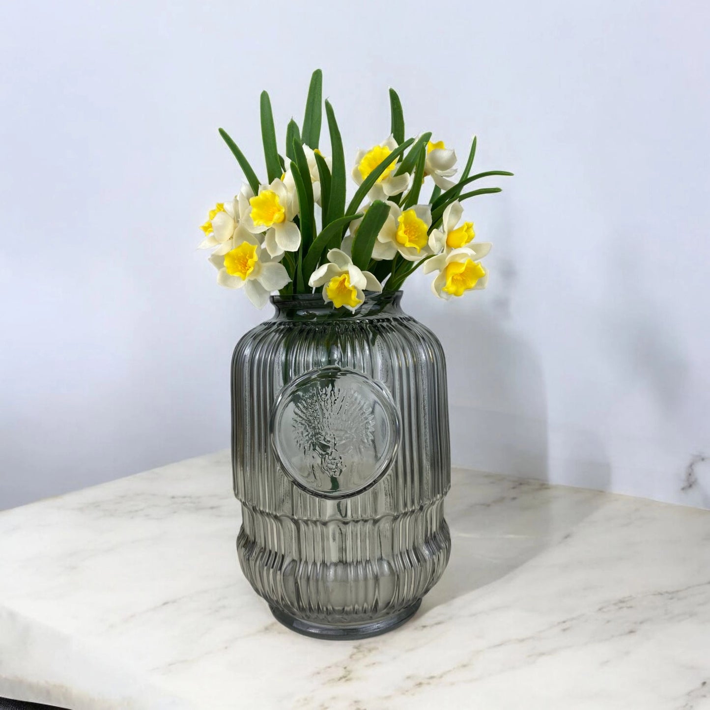 Smoky Glass Vase with Carved Motif – Decorative Flower Holder