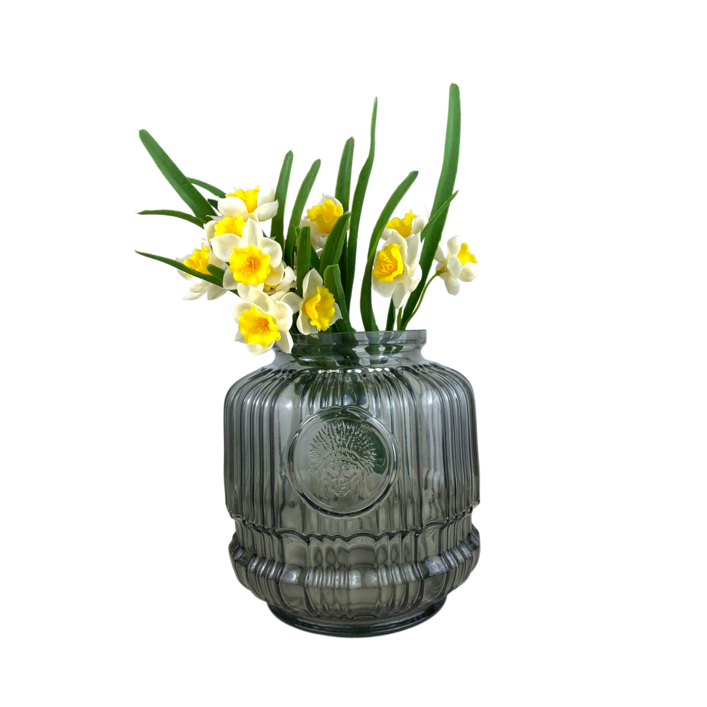 Smoky Glass Vase with Carved Pattern – Decorative Flower Holder