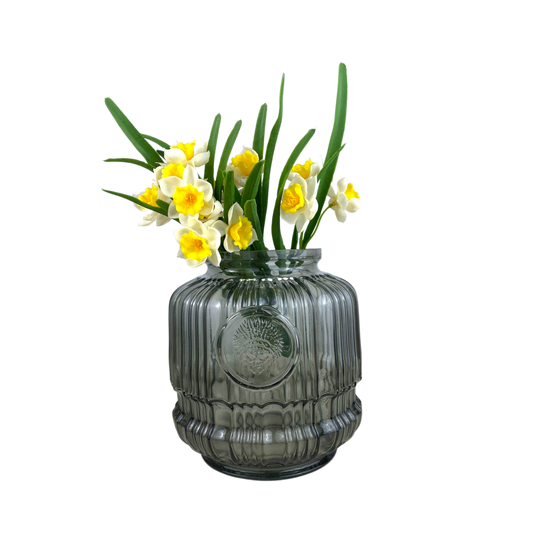 Smoky Glass Vase with Carved Pattern – Decorative Flower Holder