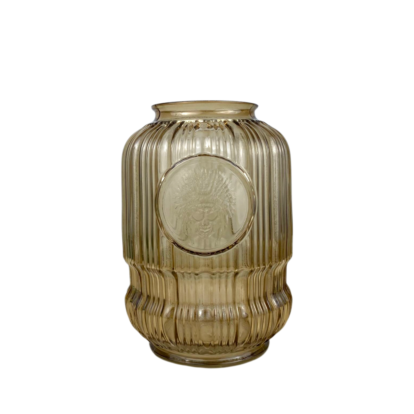 Amber Textured Glass Vase with Embossed Medallion – Vintage Style