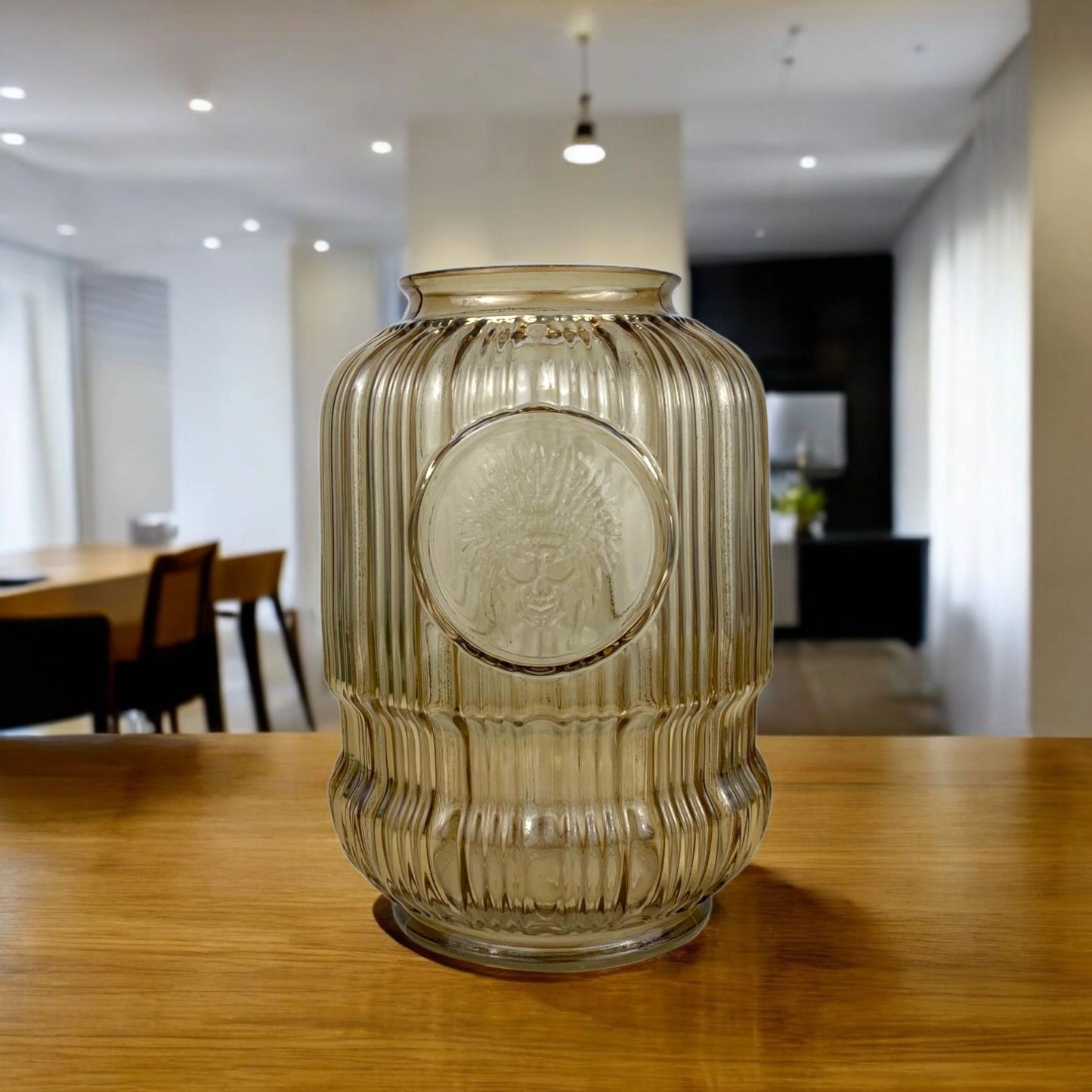 Amber Textured Glass Vase with Embossed Medallion – Vintage Style