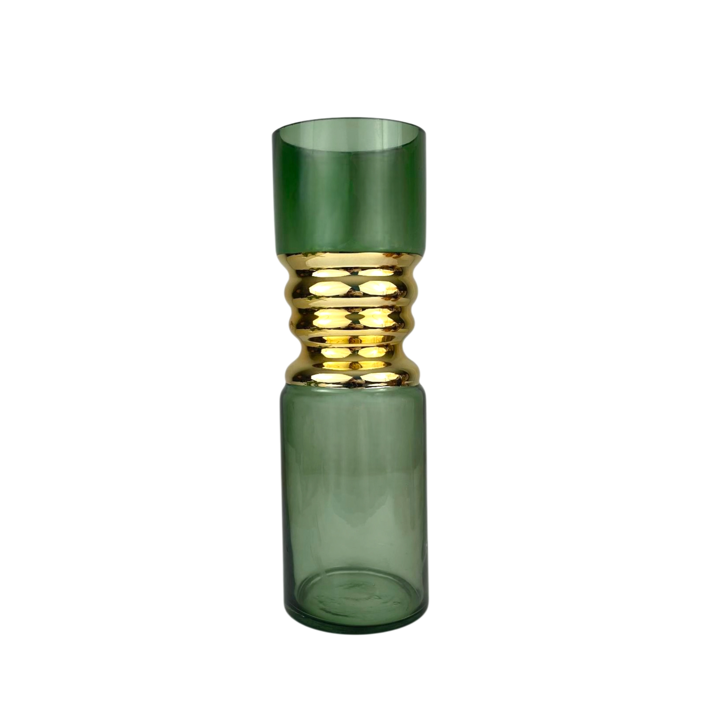 Tall Green Glass Vase with Gold Center Accent