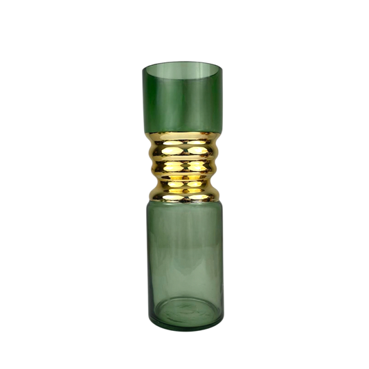 Tall Green Glass Vase with Gold Center Accent