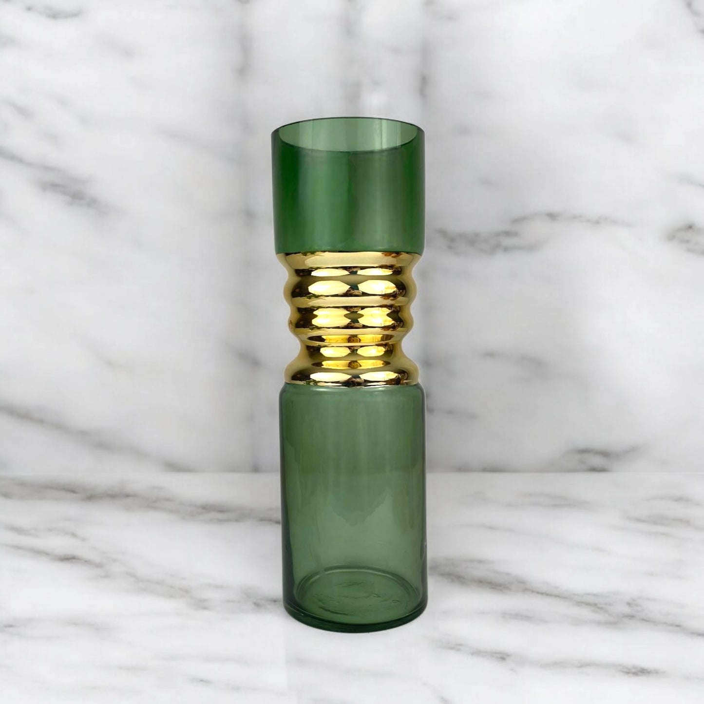 Tall Green Glass Vase with Gold Center Accent