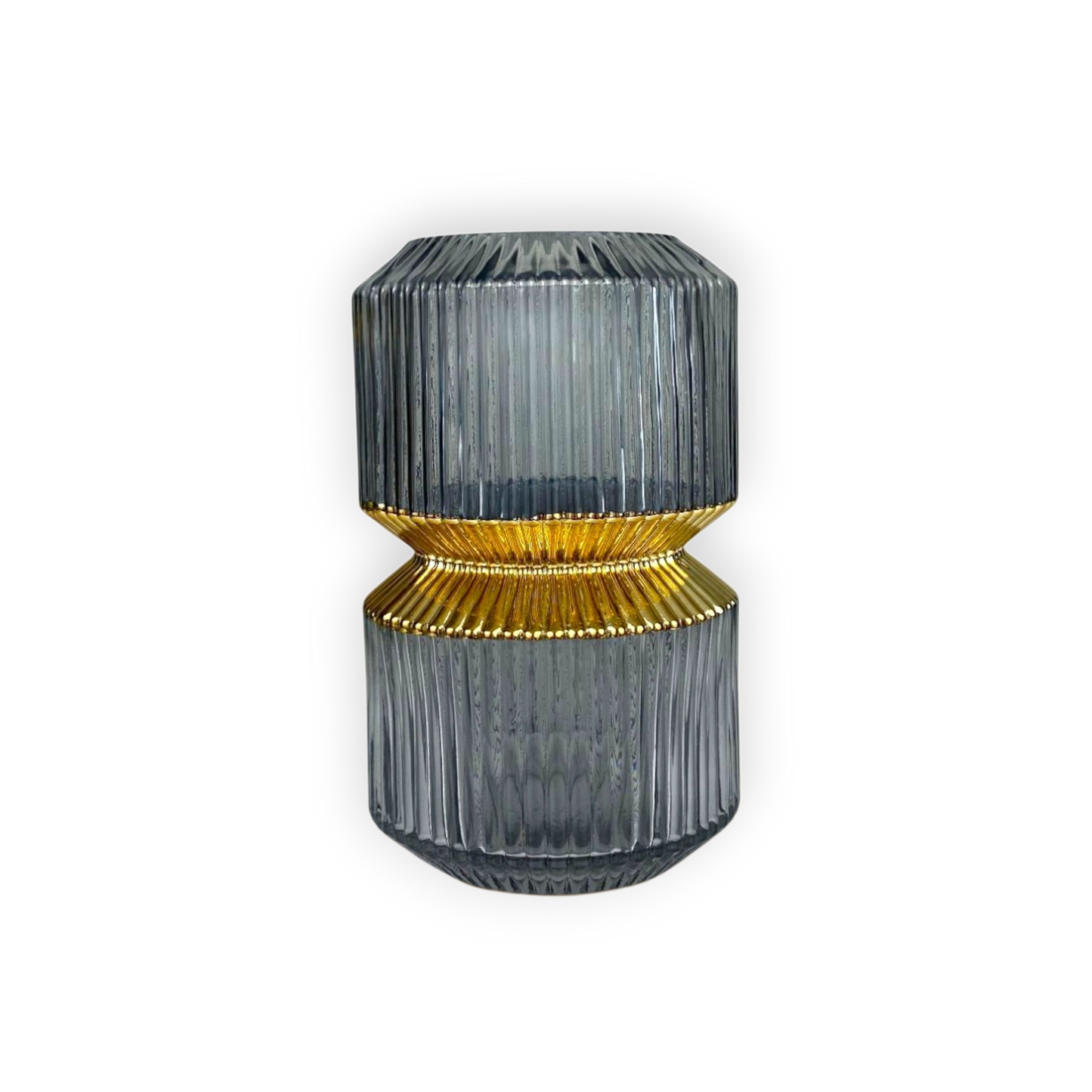 Luxury Ribbed Glass Vase – Grey with Gold Accent