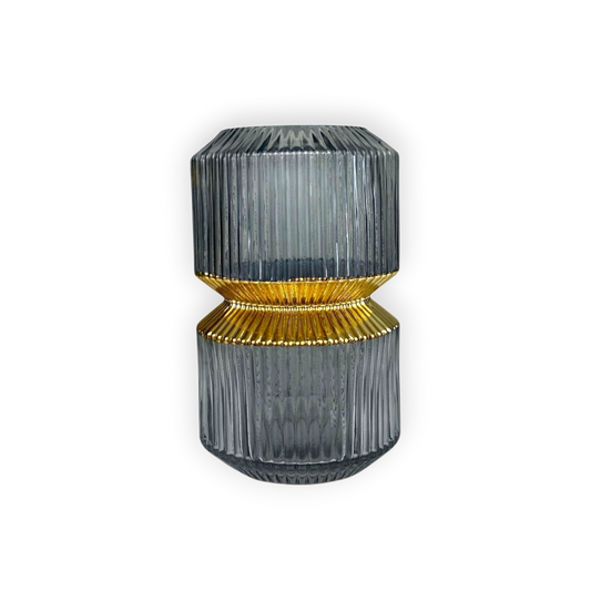 Luxury Ribbed Glass Vase – Grey with Gold Accent