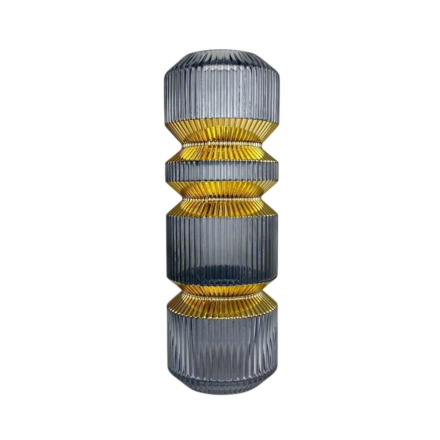 Tall Ribbed Glass Vase – Grey & Gold Accent