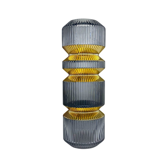 Tall Ribbed Glass Vase – Grey & Gold Accent