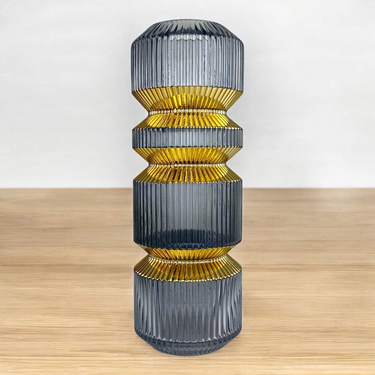 Tall Ribbed Glass Vase – Grey & Gold Accent