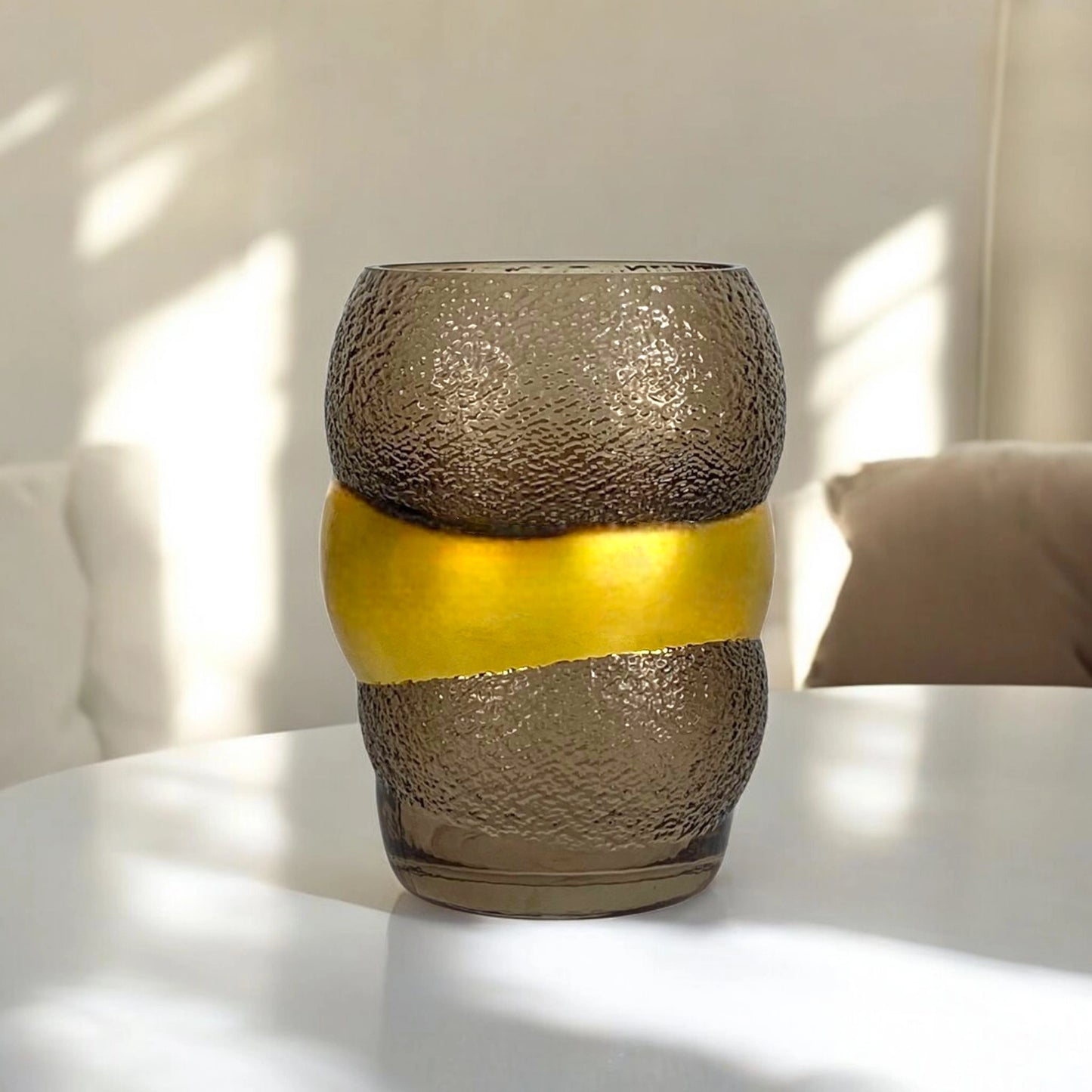 Textured Glass Vase with Gold Band – Modern Decorative Accent