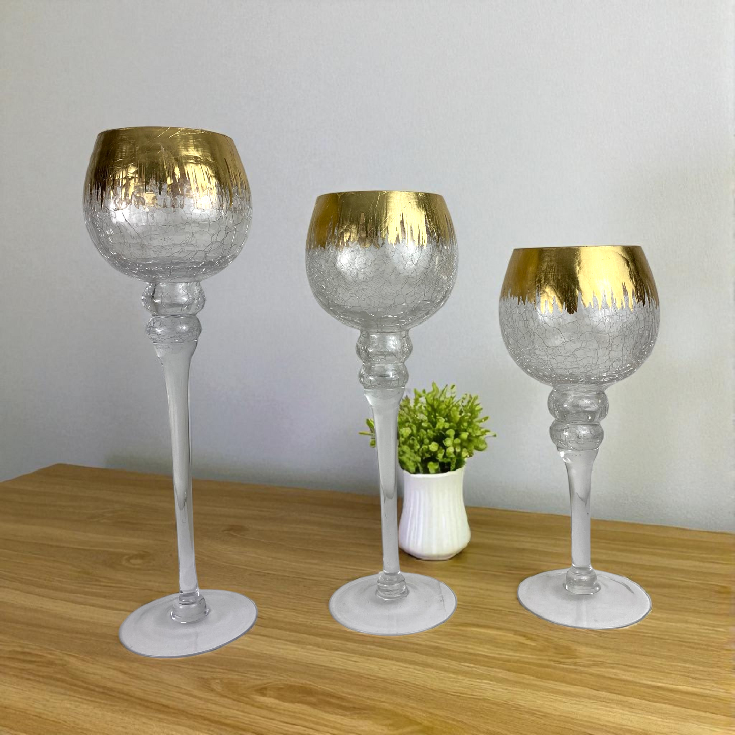 Set of 3 Tall Glass Goblets with Gold– Decorative Candle Holders