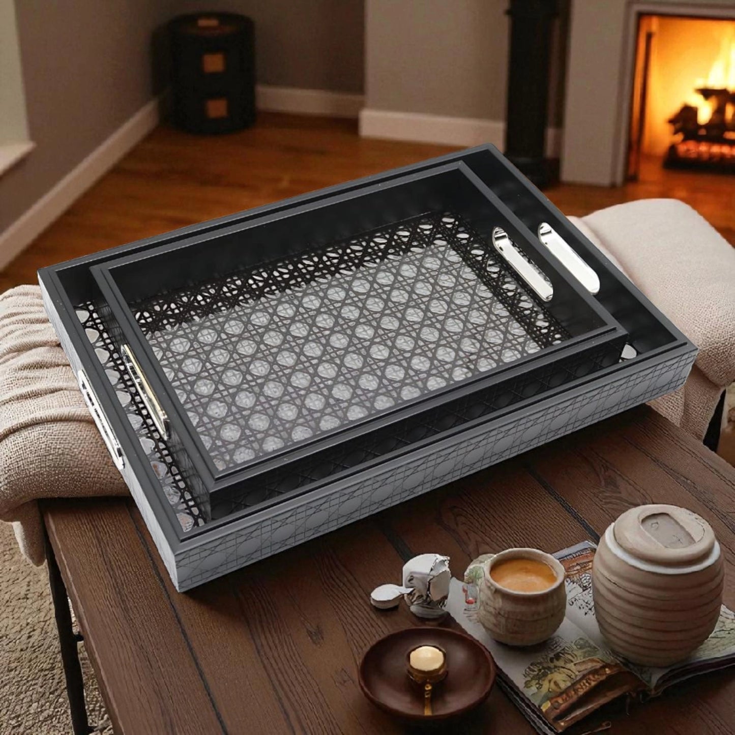 Grey Decorative Serving Tray Set – 2 Pieces