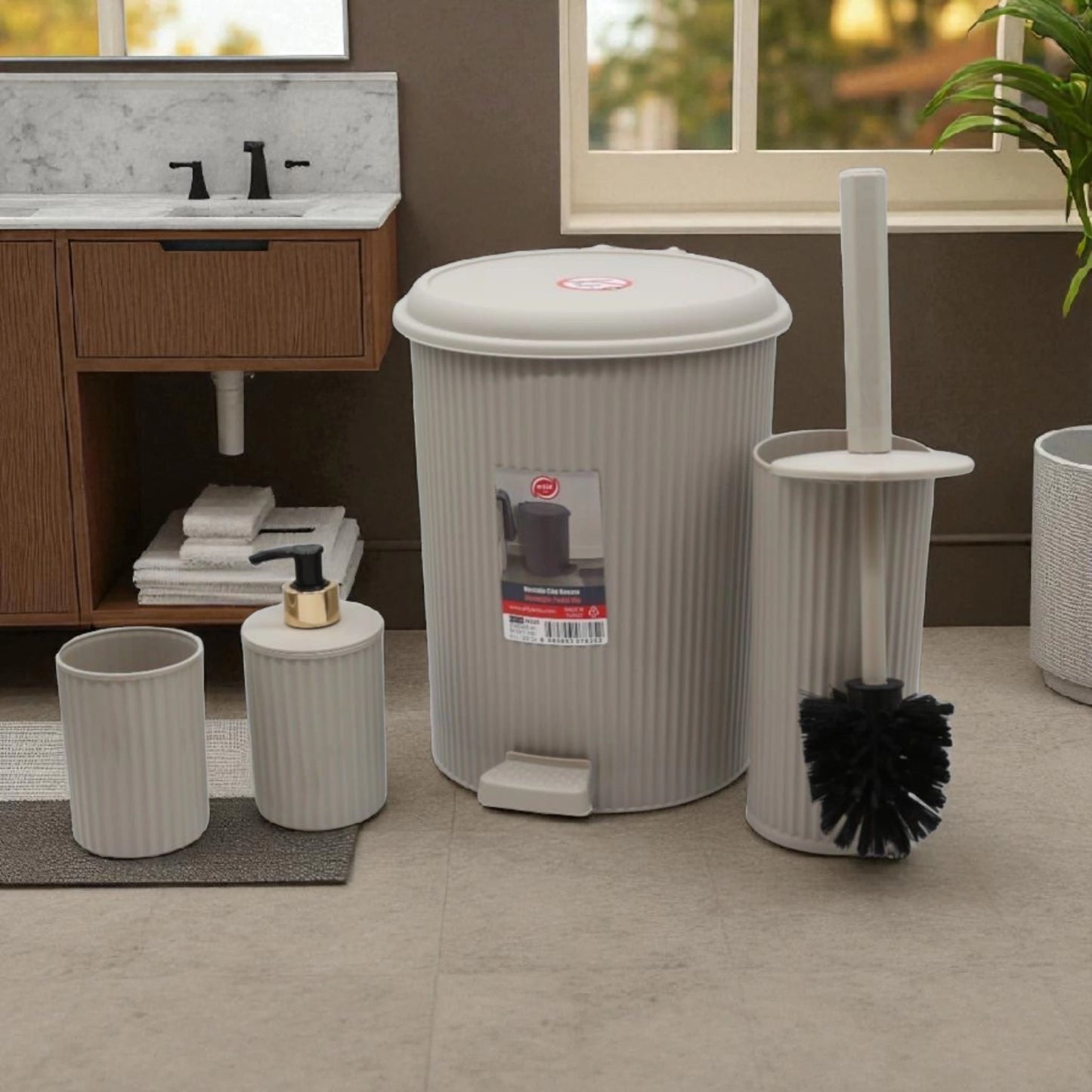 4-Piece Beige Ribbed Bathroom Set – Matte Finish