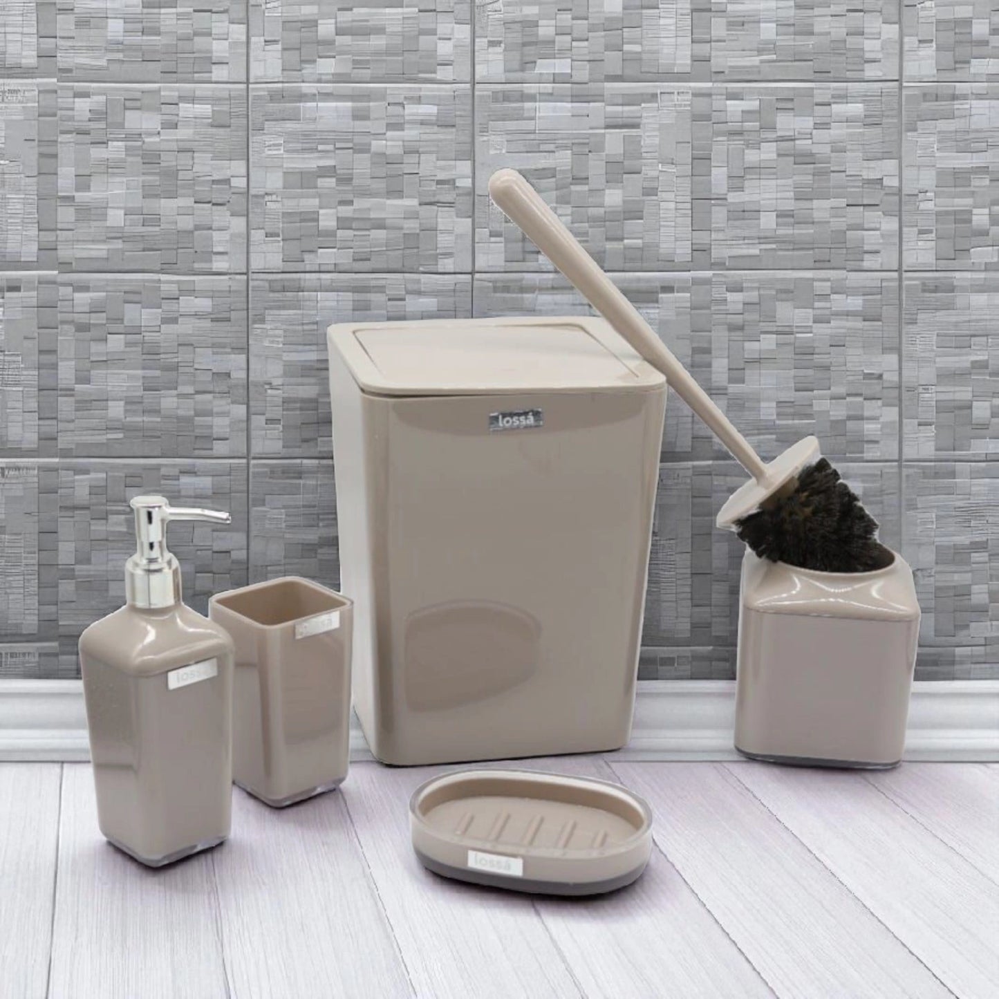 Name: 5-Piece Beige Bathroom Set – Glossy Finish