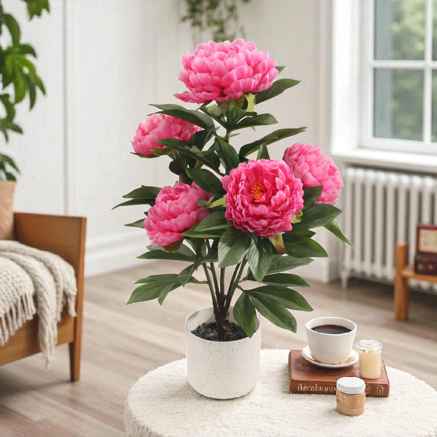 Artificial Pink Peony Plant in White Pot