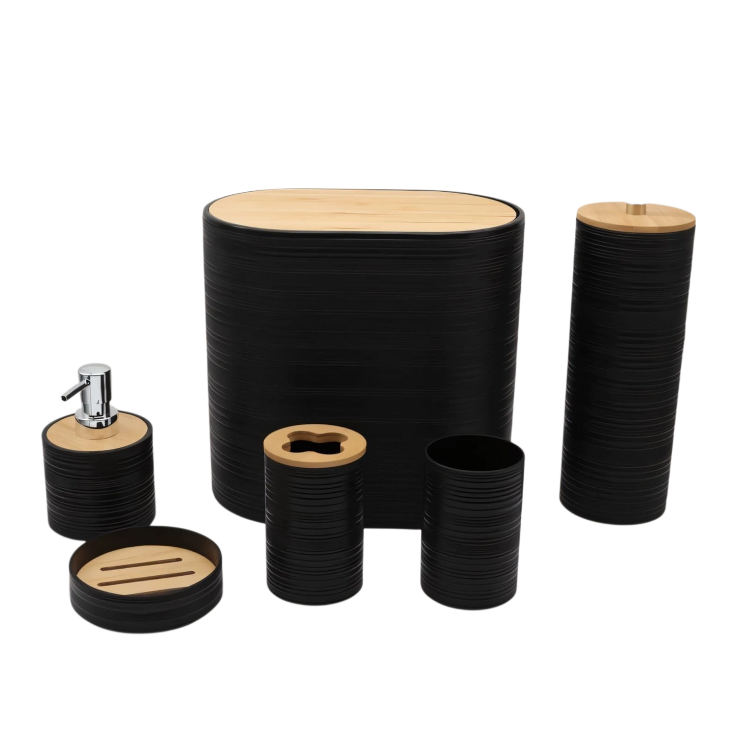 6-Piece black Bathroom Set – Bamboo Top & Textured Design