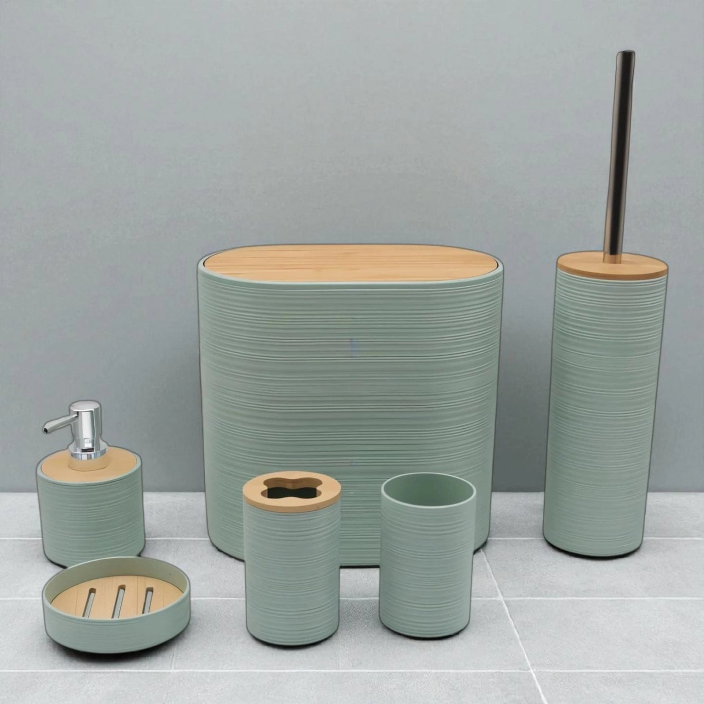 6-Piece Green Bathroom Set – Bamboo Lid &amp; Textured Finish
