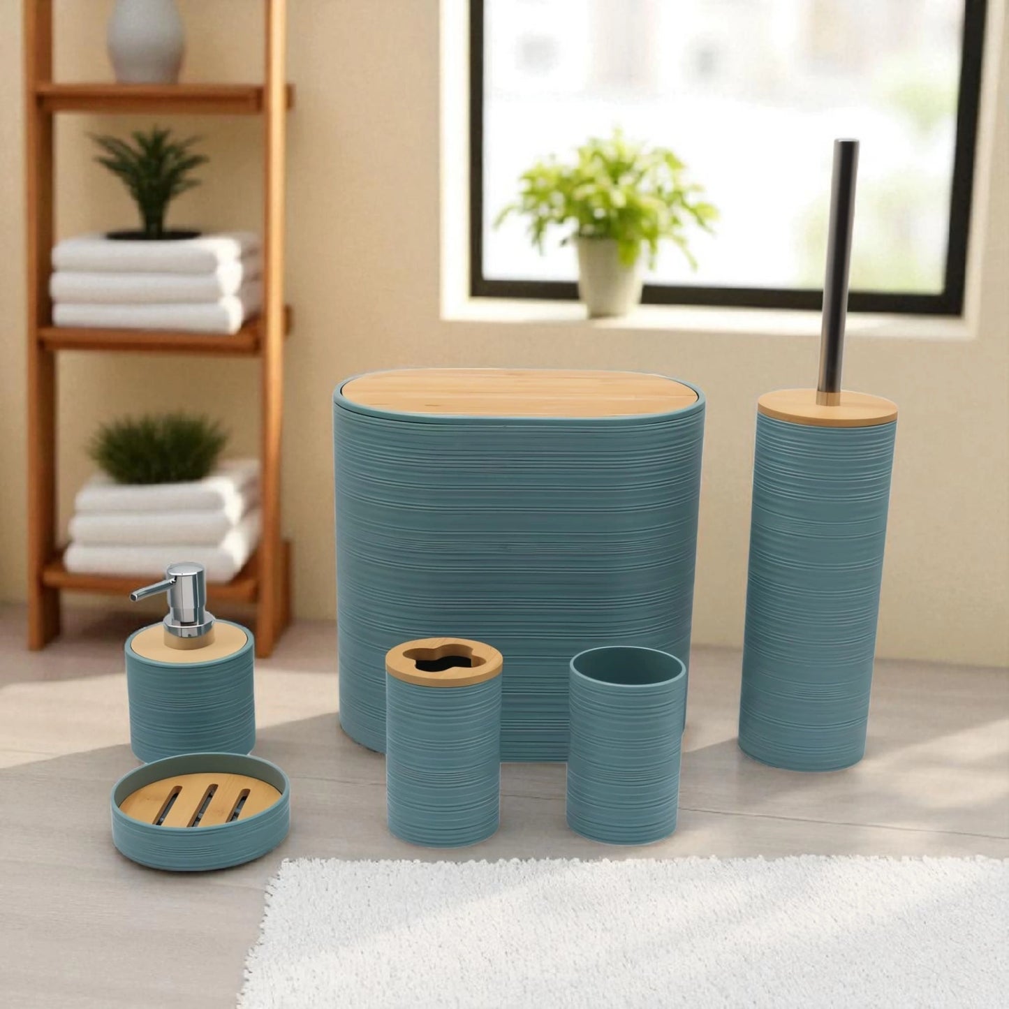 6-Piece Blue Bathroom Set – Bamboo Top & Textured Design