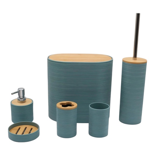 6-Piece Blue Bathroom Set – Bamboo Top & Textured Design
