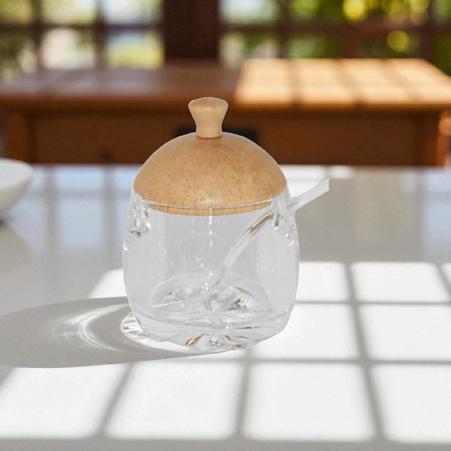 Glass Sugar Bowl with Wooden Lid & Spoon