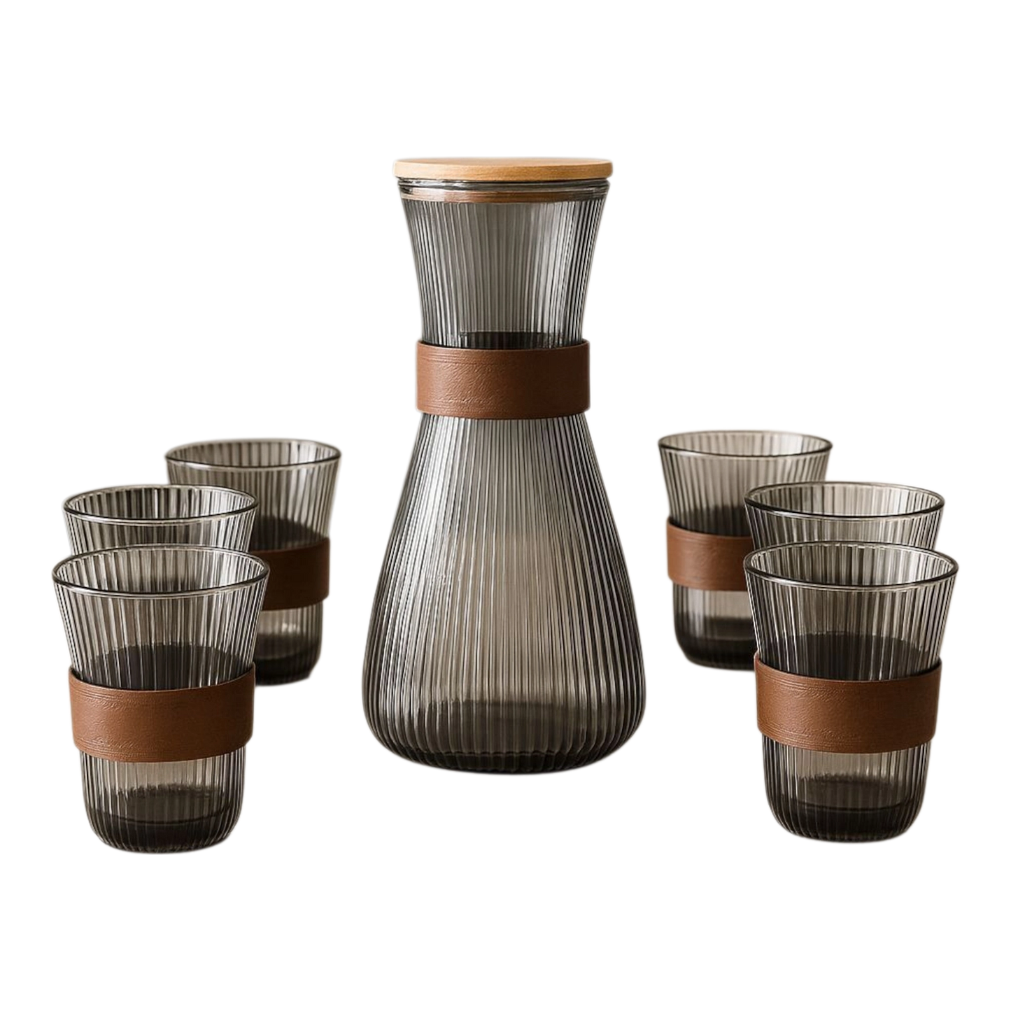 Smoke Grey Ribbed Glass Carafe Set with 6 Cups