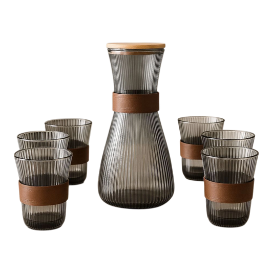 Smoke Grey Ribbed Glass Carafe Set with 6 Cups