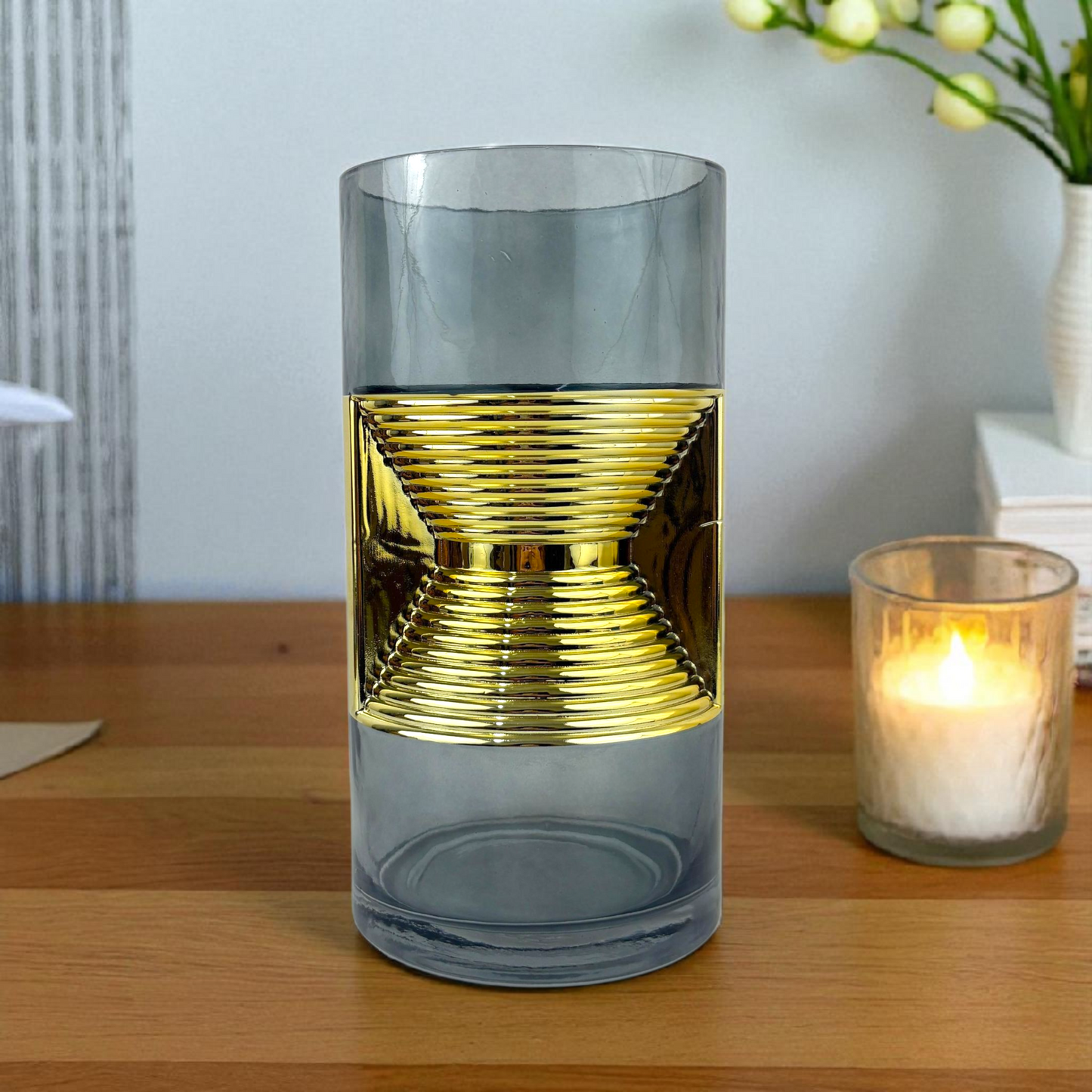Gold Accent Cylinder Glass Vase – Modern Decorative Centerpiece