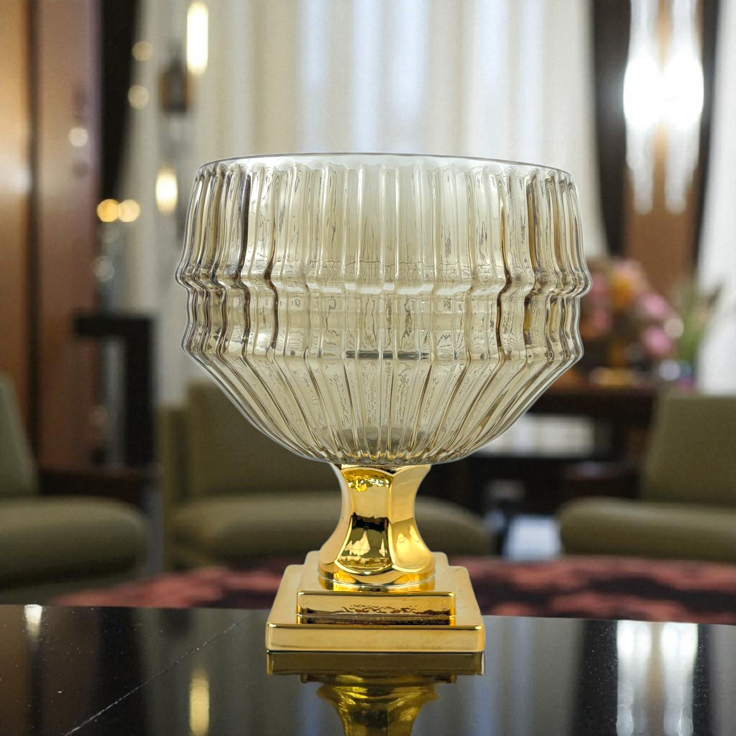Ribbed Smoked Glass Bowl Vase with Gold Base – Luxury Centerpiece
