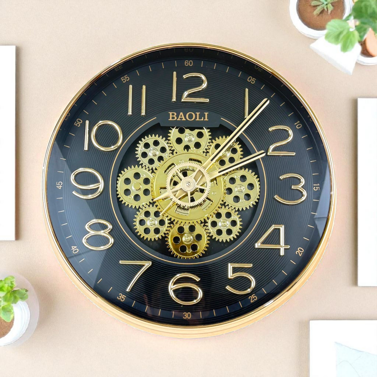 Luxury Gear Wall Clock – Black &amp; Gold Industrial Design