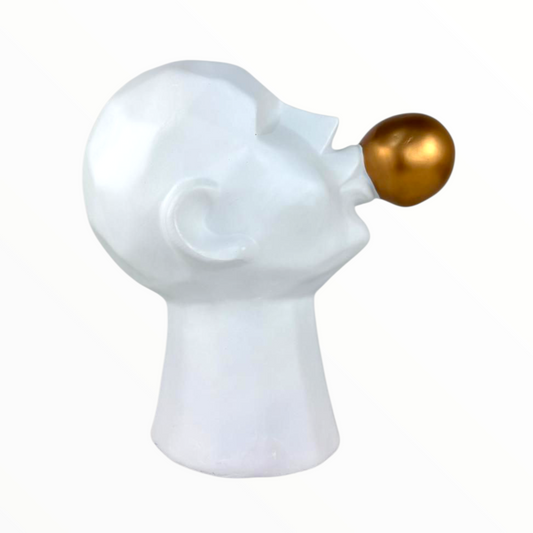 White Bubble Face Sculpture – Modern Minimalist Decor with Gold Accent