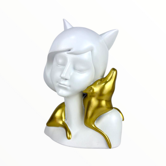 White Girl Bust Sculpture with Gold Cat – Modern Artistic Home Decor