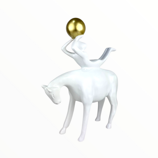 Modern White Horse Rider Sculpture with Gold Sphere – Abstract Luxury Decor